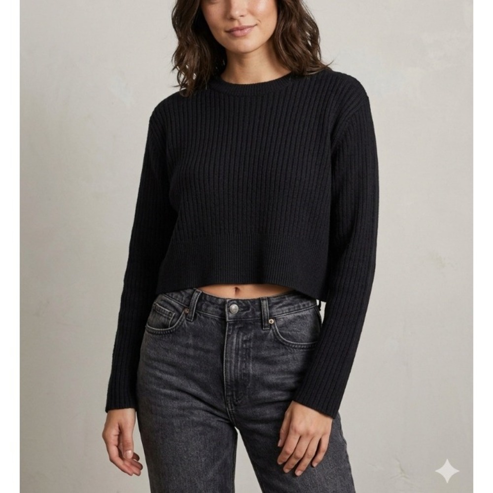 Cordera Black Cropped Ribbed Knit Sweater Upcycled Cotton Made in Spain One Size